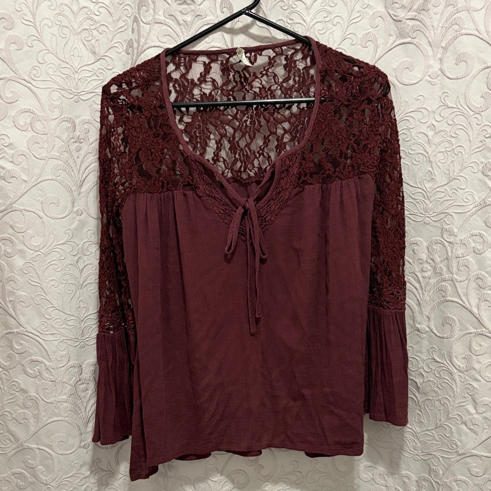 Mudd Burgundy Lace Yoke Tie-Neck Blouse